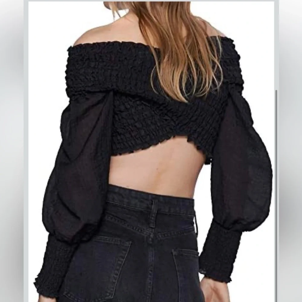 ZARA Black Smocked Cropped Long Sleeve Ruffle Blouse Size S